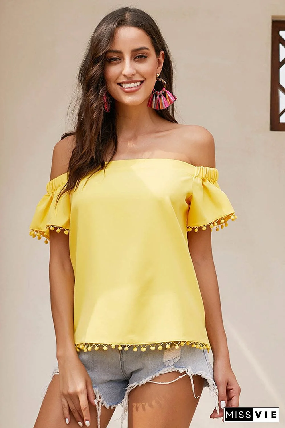 Yellow Off-the-shoulder Fringed Hem Blouse