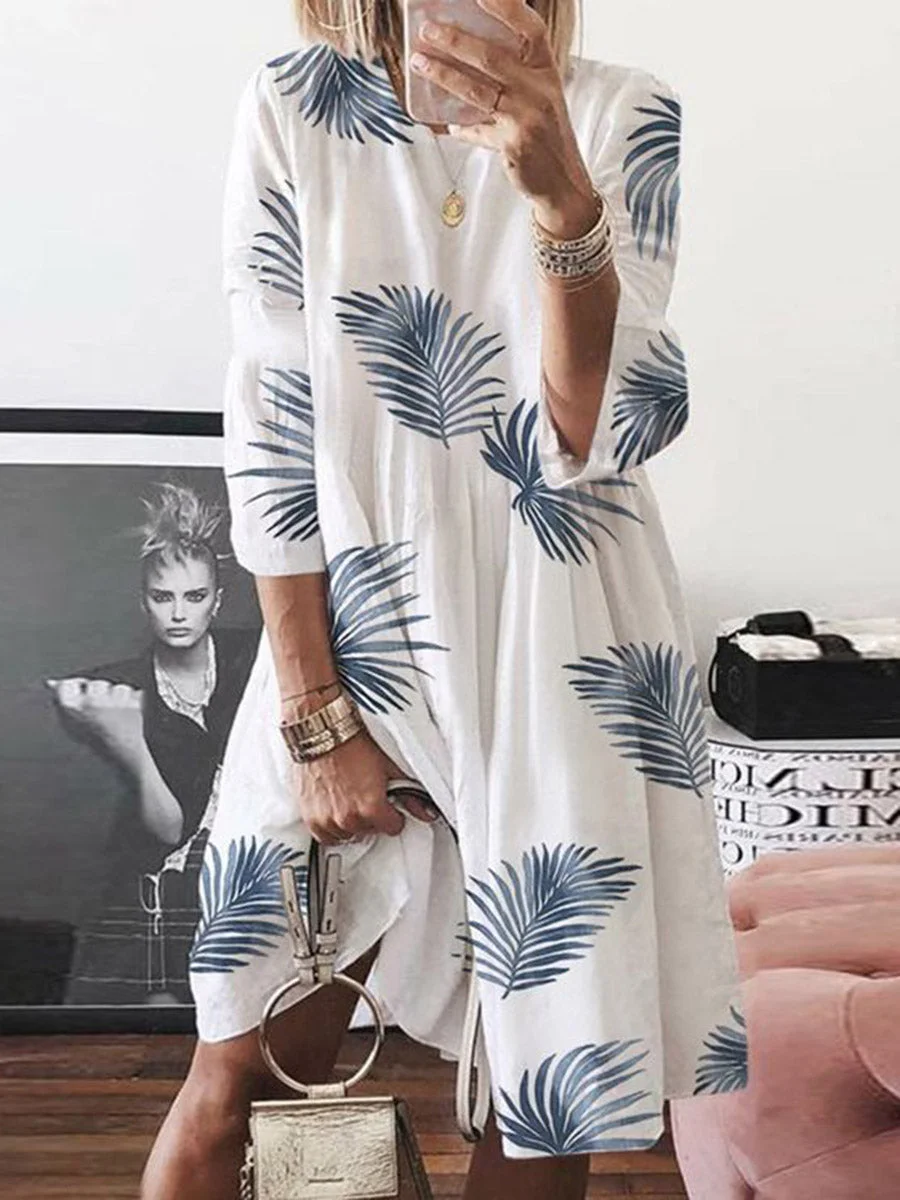 Casual Style  Round Neck Floral Dress