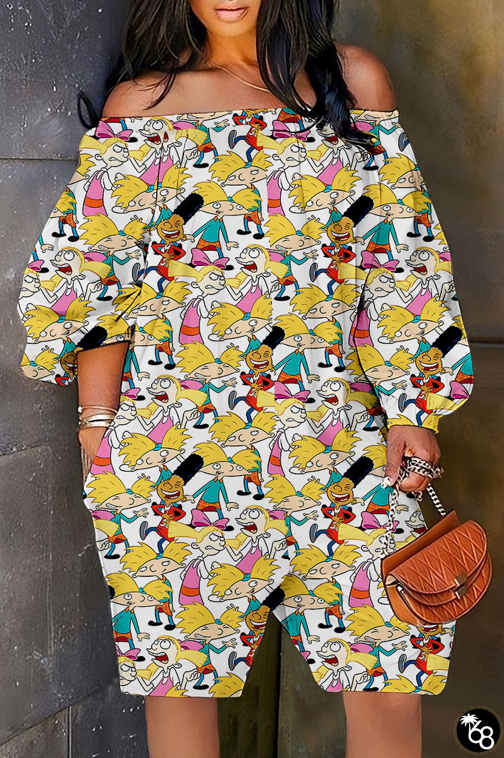 White Yellow Casual Cartoon Print Basic Off the Shoulder Regular Rompers | 168DEAL