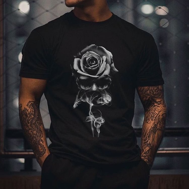 Skull rose print short-sleeved T-shirt