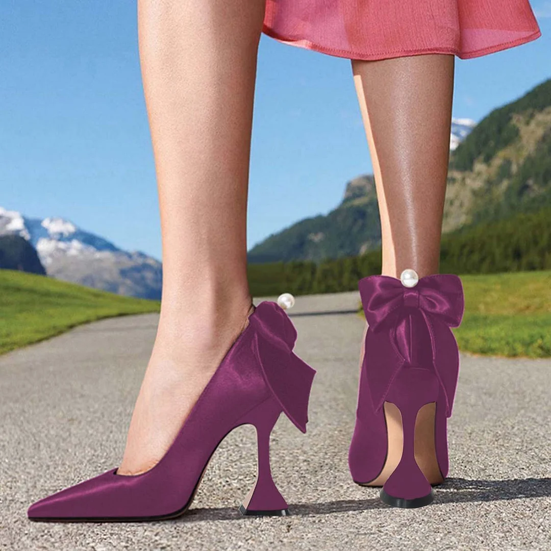 Purple Satin Pearl Bow Pointed Toe Pumps Shoes with Flared Heel