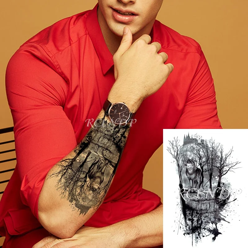 Waterproof Temporary Tattoo Sticker Wolf Crow Bird Forest Tree Black Fake Tatto Flash Tatoo Arm Leg Big Art for Women Men