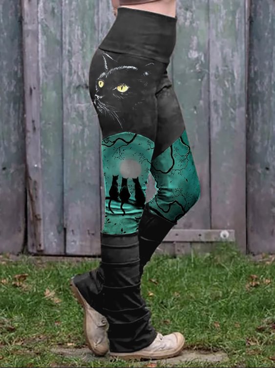 Retro cat print stitched thermal integrated Leggings