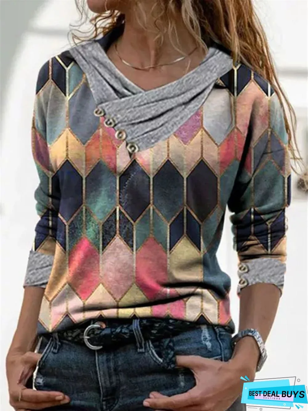 Color Block Casual V-Neckline Long Sleeve Blouse