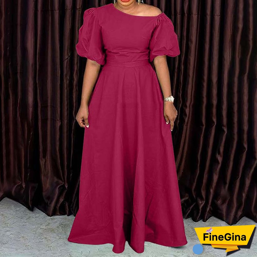 Women Puff Sleeve High Waist Diagonal Shoulder Dress Solid Baggy Swing Dress Maxi Prom Dress