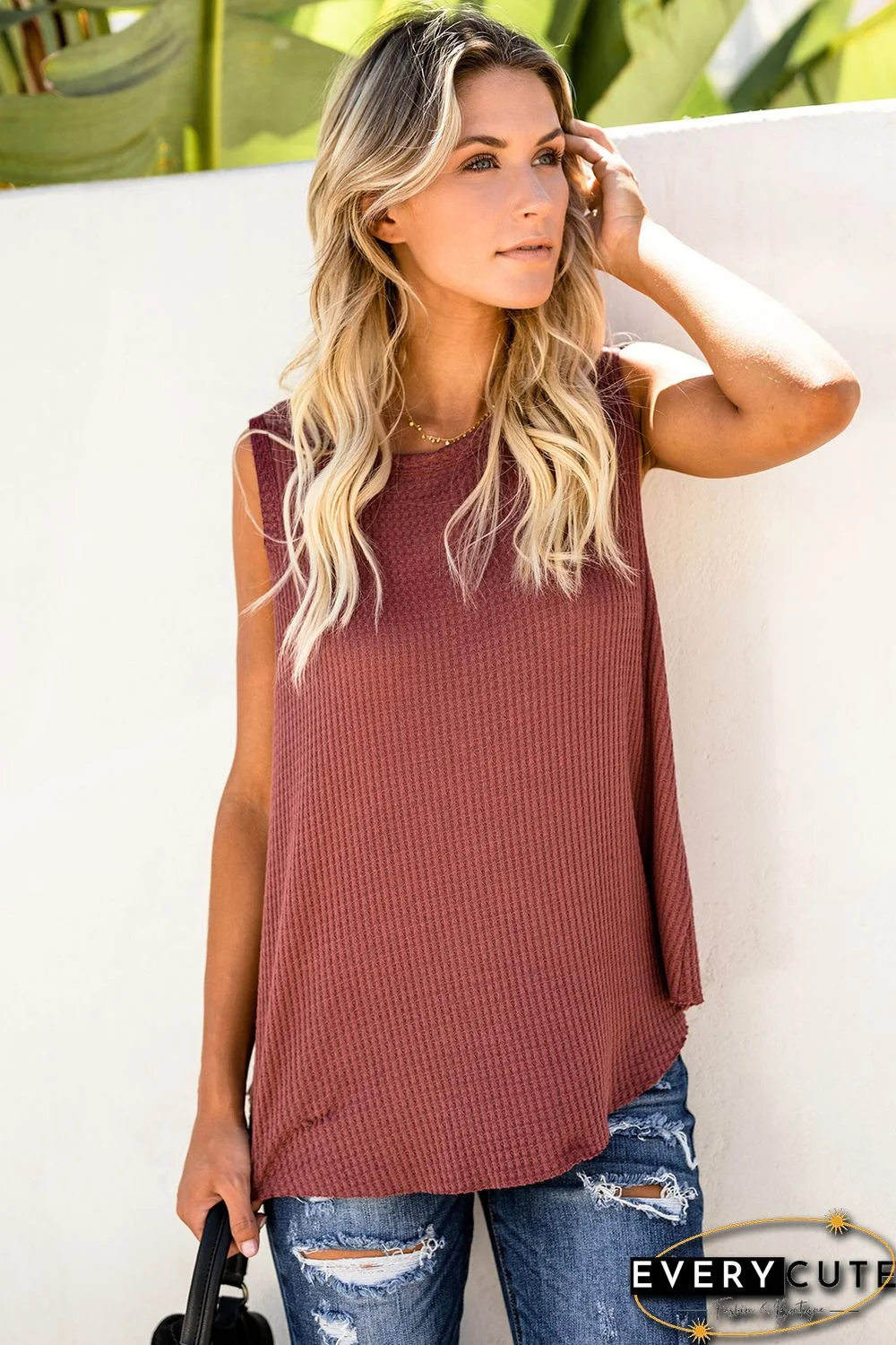 Rust Red Crew Neck Waffle Tank Top