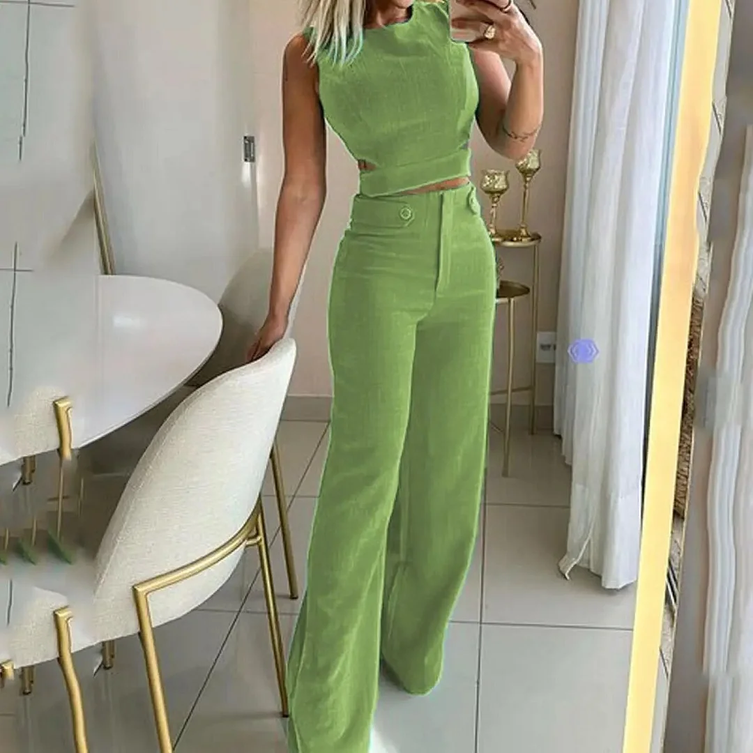 Zingj Solid Women Pant Two Piece Set Sleeveless O-neck Slim Naked Waist Top Wide Leg Pants Suit Chic Office Lady Clothing