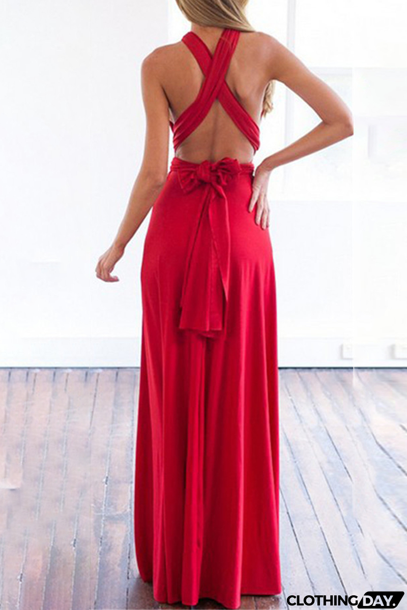 Fashion Elegant Solid Patchwork Backless Strap Design Evening Dress Dresses(20 Colors)