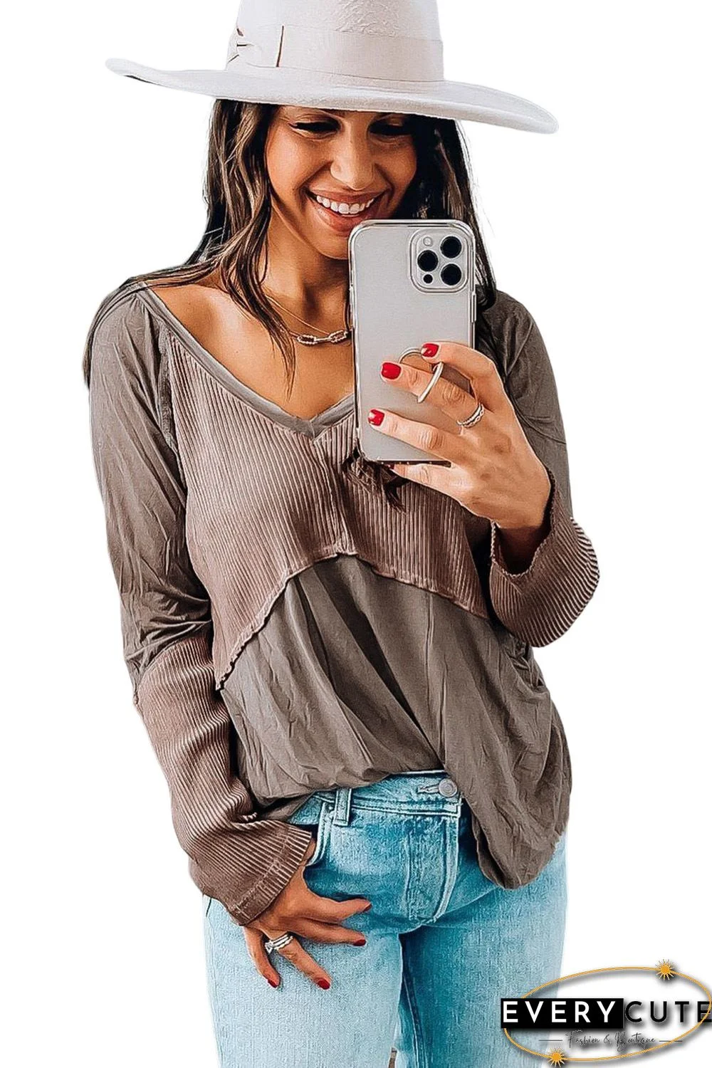 Khaki Ribbed Patchwork V Neck Long Sleeve Top