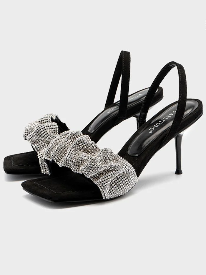 Fashion emotional square toe stiletto sandals with rhinestones