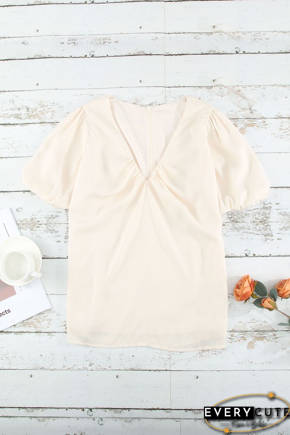 Satin Puff Sleeve V Neck Blouse