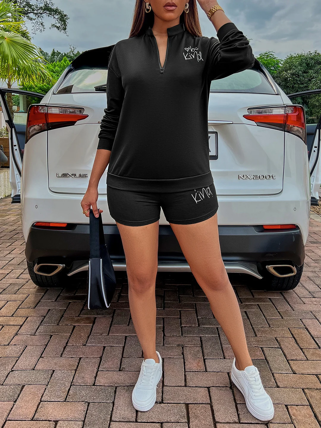 Toloer Toloer Autumn / Winter New Women's Casual Solid Color Zipper Standing Collar Print Hoodie Set Women-Outfit Ideas