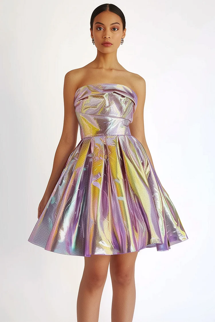 Zaruci Party Purple Metallic Strapless Pleated Mini Dress [Pre-Order]