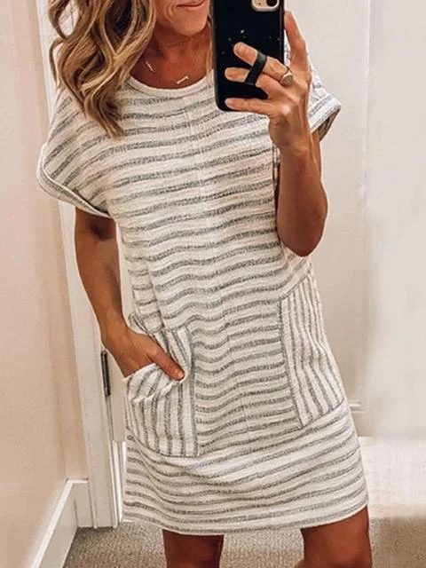 Crew Neck Striped Mini Dress With Pocket