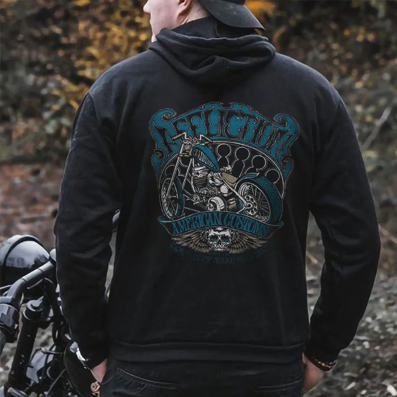 AFFLICTION AMERICAN CUSTOMS Motorcycle Graphic Black Print Hoodie