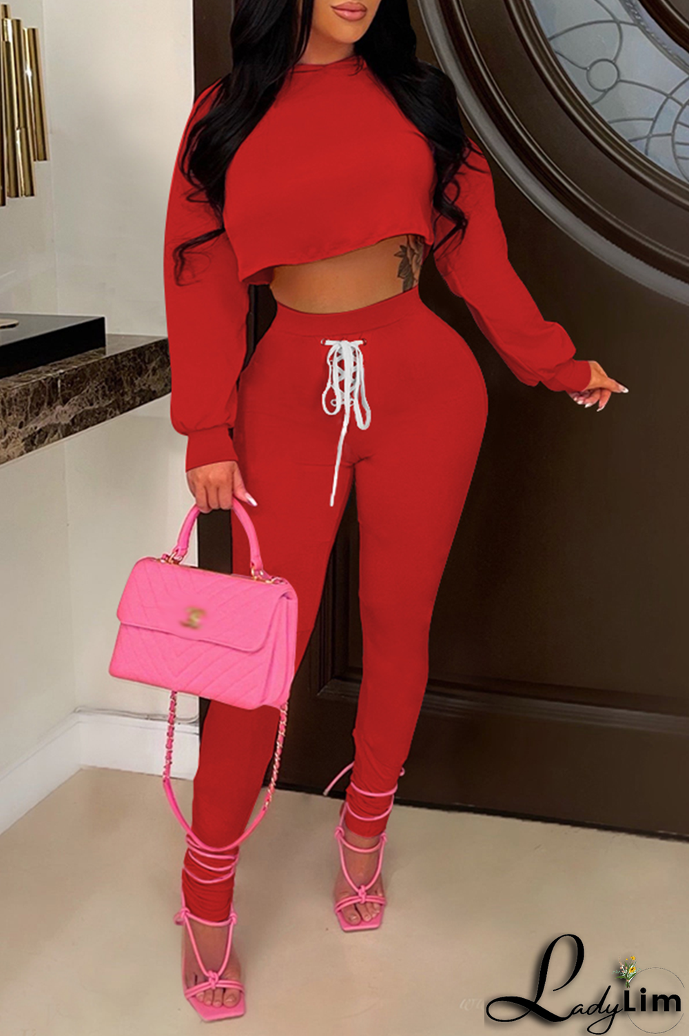 Black Casual Solid Draw String O Neck Long Sleeve Two Pieces