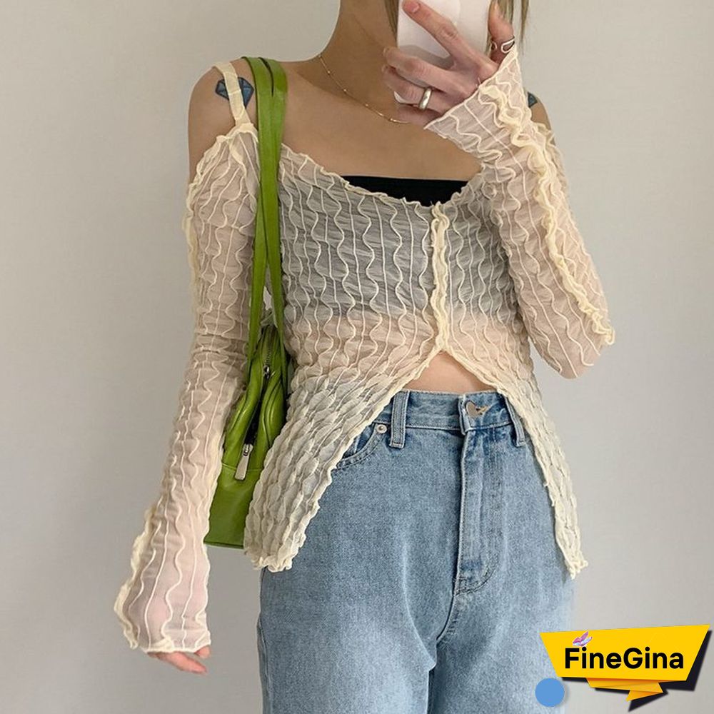 Y2K Fairycore Aesthetics Open Shoulder Zipper Slit Tops E-girl Fashion Sexy Wave Ruffles Long Sleeve T-shirt Transparent