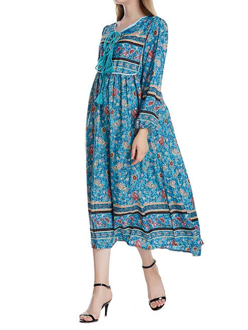 Style & Comfort for Mature Women Women's Long Sleeve V-neck Bohemia Floral Midi Dress