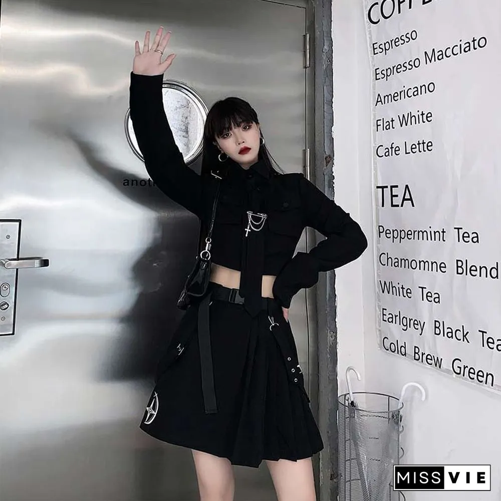 Cool Pocket Shirt Pleated Skirt Tie Set