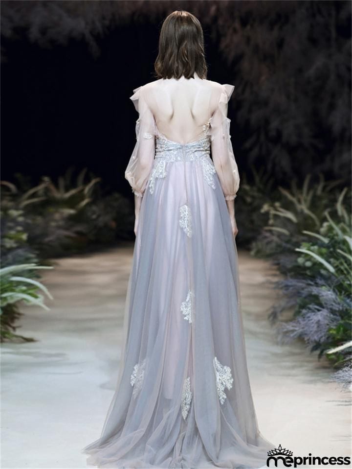 Flattering Applique Long Sleeve Backless Tulle Dress for Prom