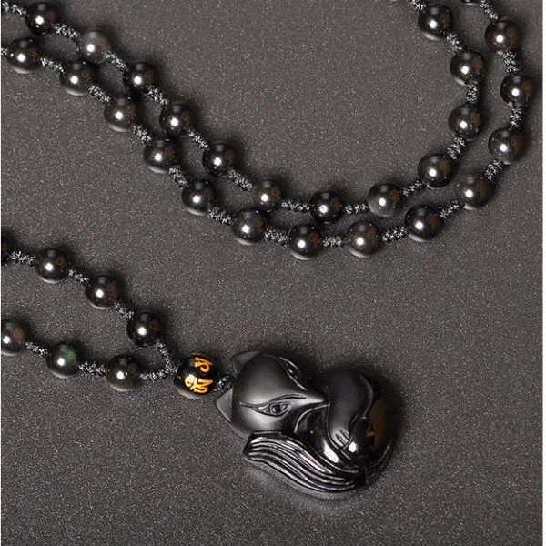 Natural Black Obsidian Little Fox Amulet Pendant Necklace