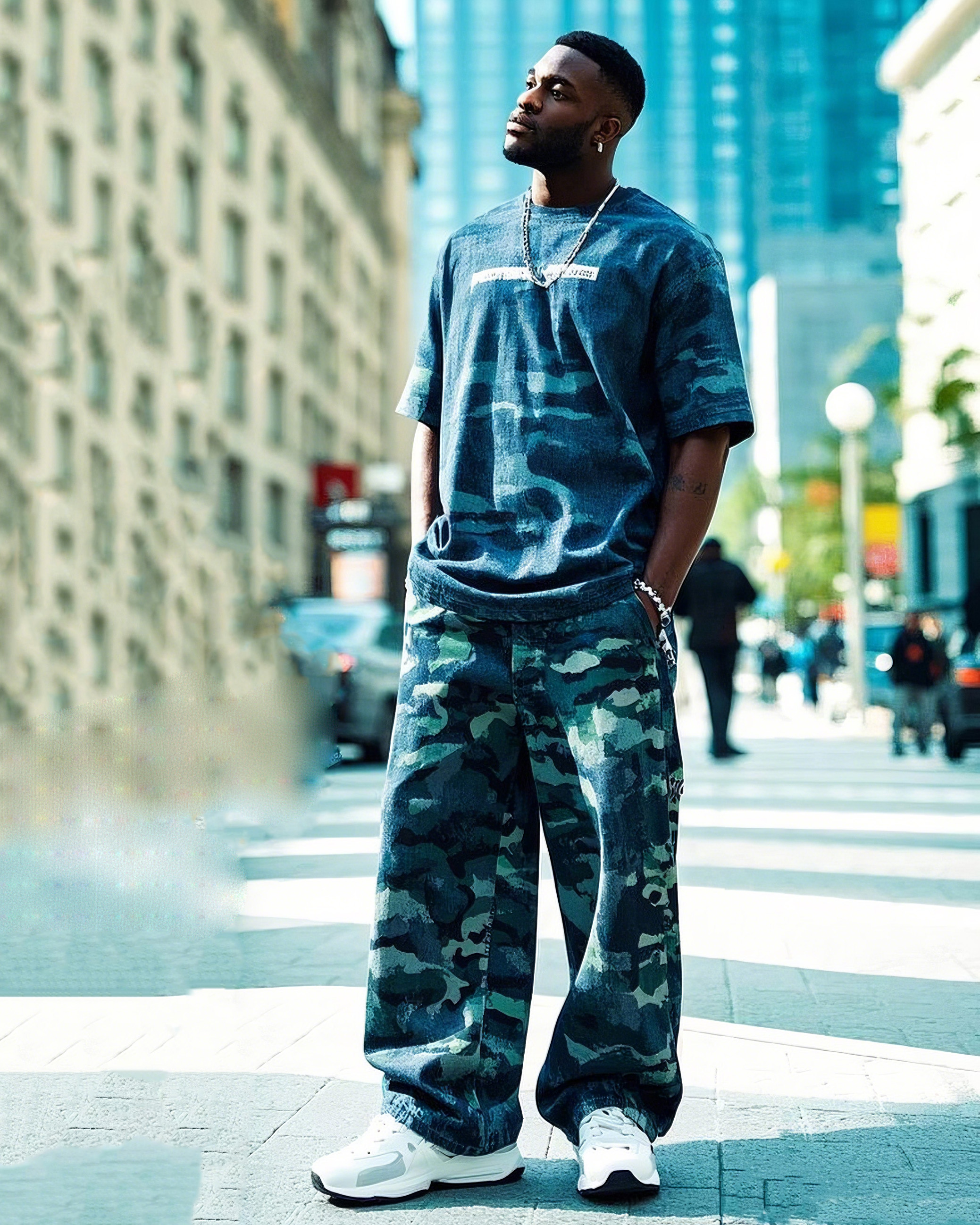 Plus Size Men's Fashion Camouflage Print Casual Short Sleeve T-shirt Pants Suit