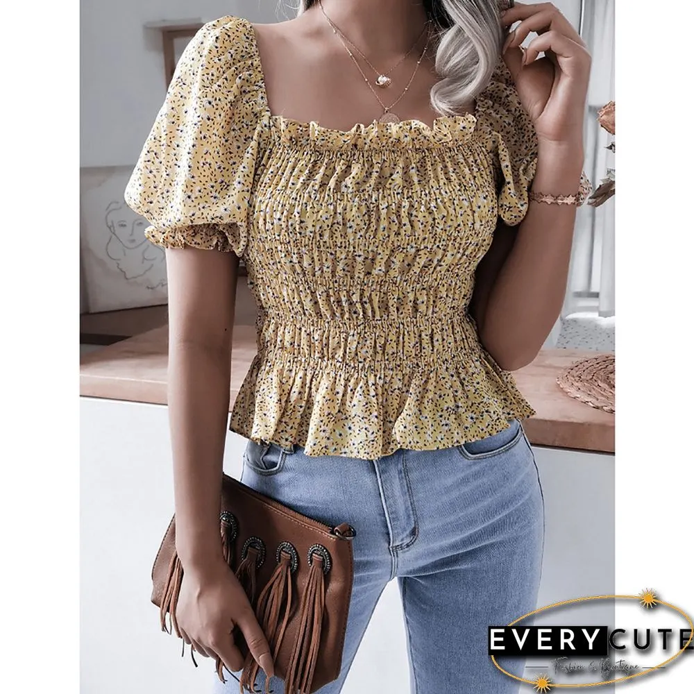 Yellow Square Neck Floral Print Chiffon Blouse