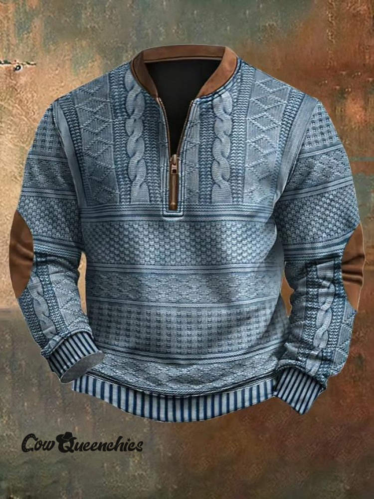 Men’s Vintage Knit Print Zip-Up Sweatshirt Blue / S