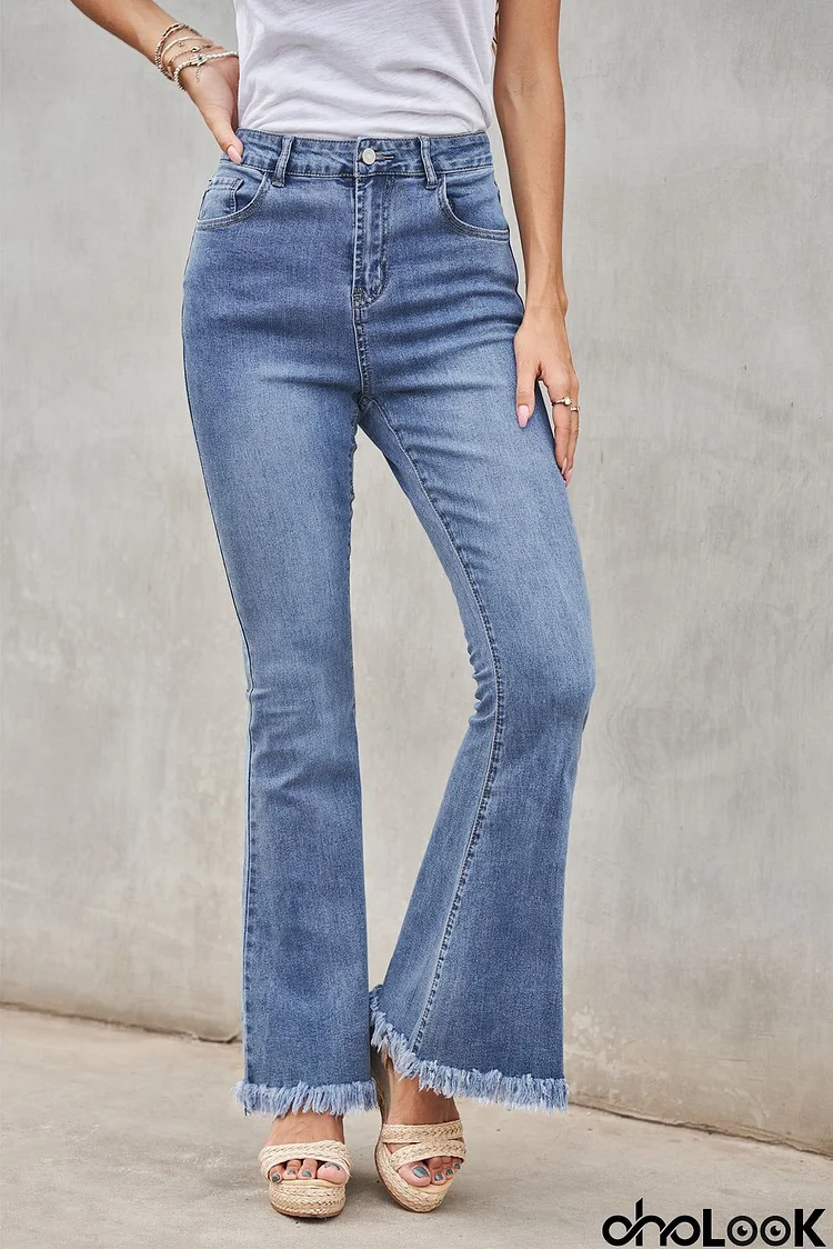 Women's Medium Washed High Waist Flare Jeans with Raw Edges