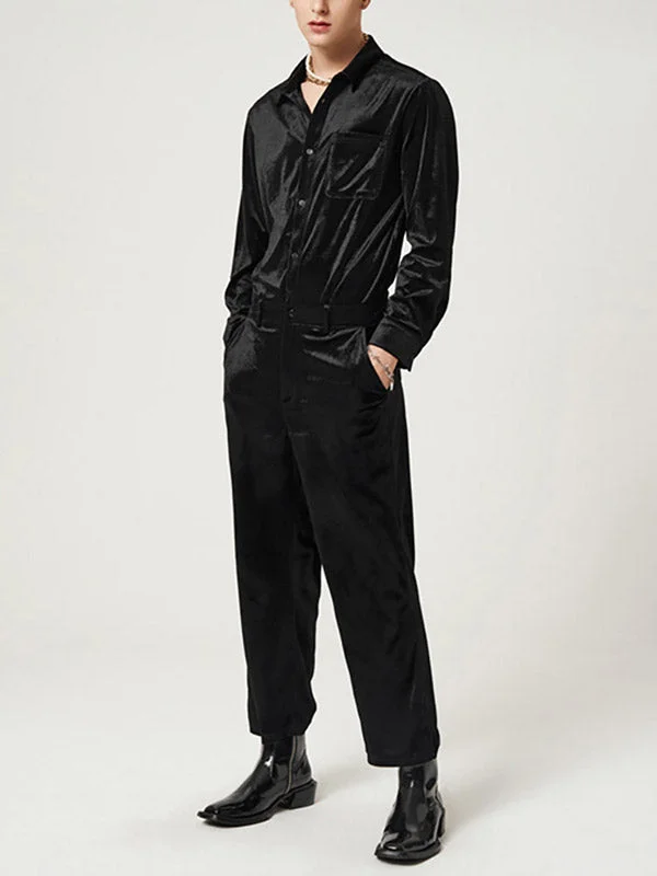 Aonga - Mens Solid Velvet Pocket Long Sleeve Jumpsuit J