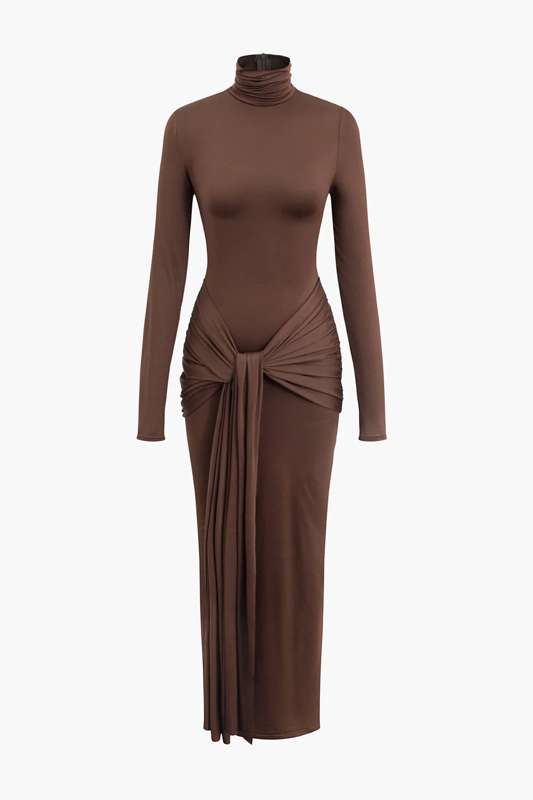 Brownm Color Wrap Ruched High Neck Long Sleeve Maxi Dress