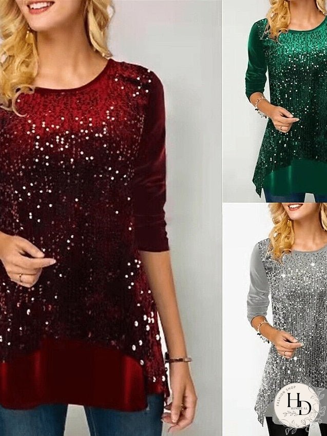 Blouse Wine Gray Solid Color Sequins Long Sleeve Daily Going out Casual Crew Neck Regular L for Women