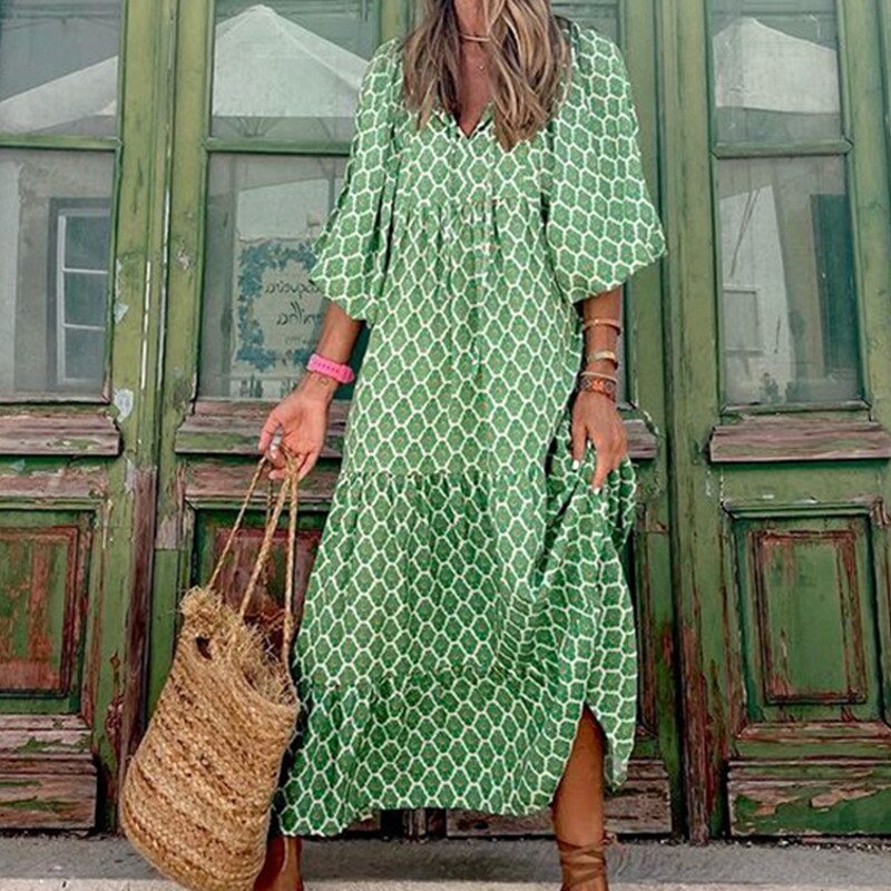 Women Long Dress Print Half Sleeve V-neck Loose Maxi Dresses Vintage Fashion Vestidos Casual Outfits Autumn 2022