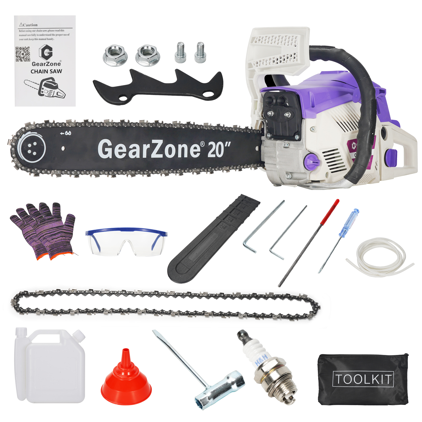 GearZone 58CC-2.68KW-20inch منشار البنزين عالي الطاقة، منشار حطب بنزين، منشار قطع الأشجار ، صلابة عالية وشفرة منشار متينة، مع سلسلتين منشار وإكسسوارات أخرى 