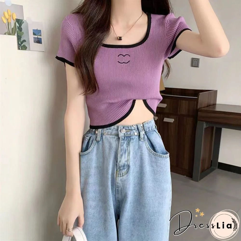 Pearl Diary Summer Assorted Colors Low Neck Exposed Clavicle T-Shirt Fashion Cute Thin Crop Top Short All-Match Knitting Top Wo