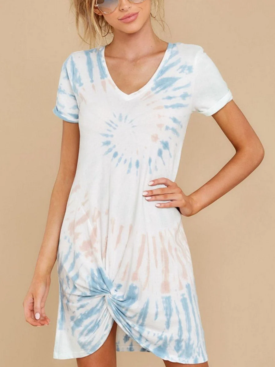 V-Neck Knot Hem Tie Dye Shift Dress