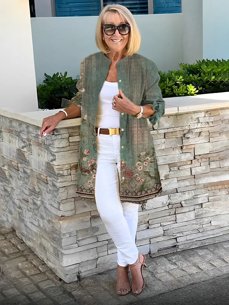 Plus Size Casual Floral Printed Long Shirt