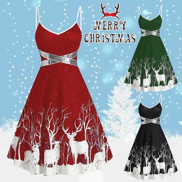 Ladies Casual Sleeveless V-Neck Christmas Party Dresses Women Christmas Elk Printed A-Line Spaghetti Straps Tunic Dress Plus Size 5Xl - Chicaggo