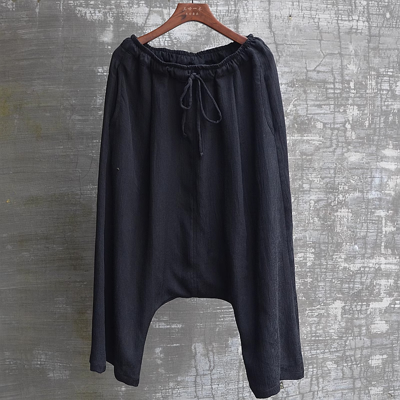 Men's Black Thin Linen Low Crotch Harem Pants