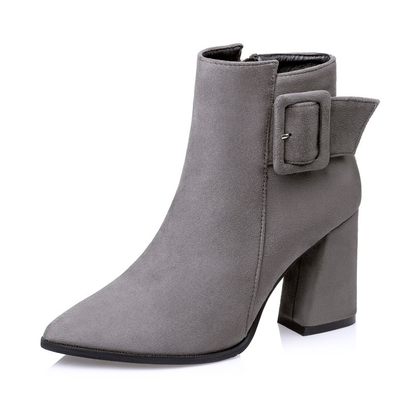Pointed To Martin Female Frosted Thick With Short Belt Buckle High Heel Boots-PABIUYOU- Women's Fashion Leader