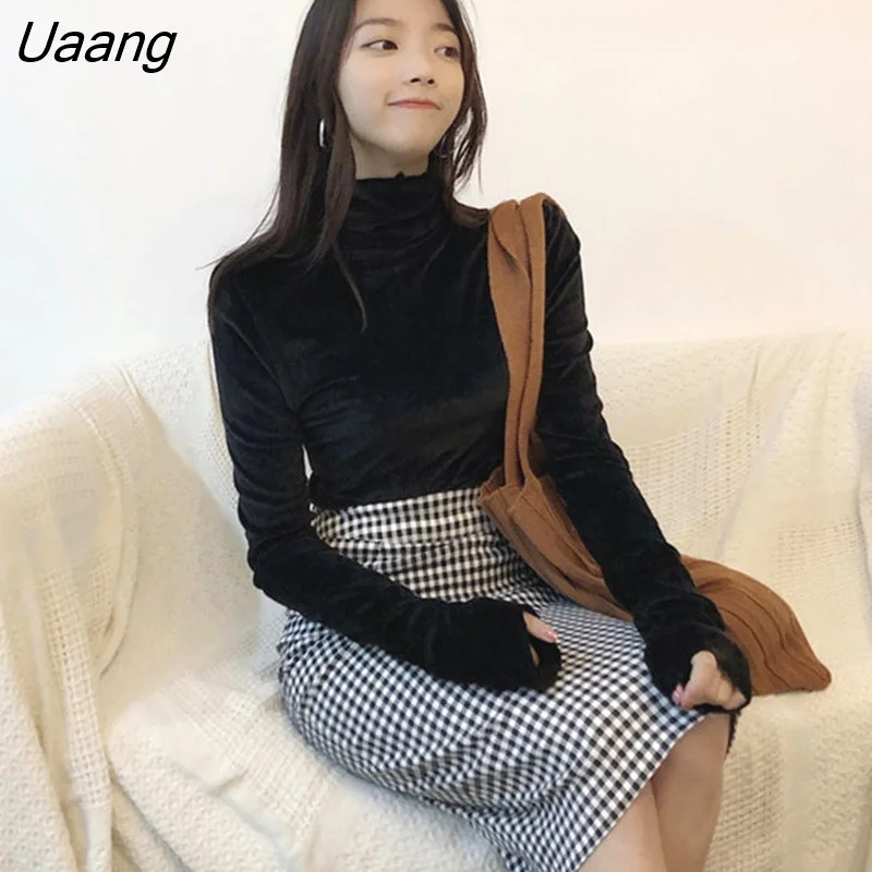 Uaang Velvet Tops Women Long Sleeve T Shirts Solid Color 2023 spring Autumn Velour T-Shirts Women Basic Shirt