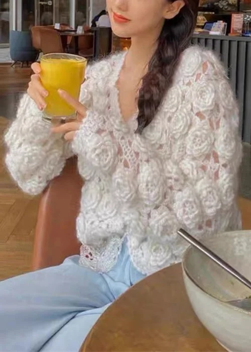 White vacation Lace coats pocket Hollow Out Long Sleeve main image 1