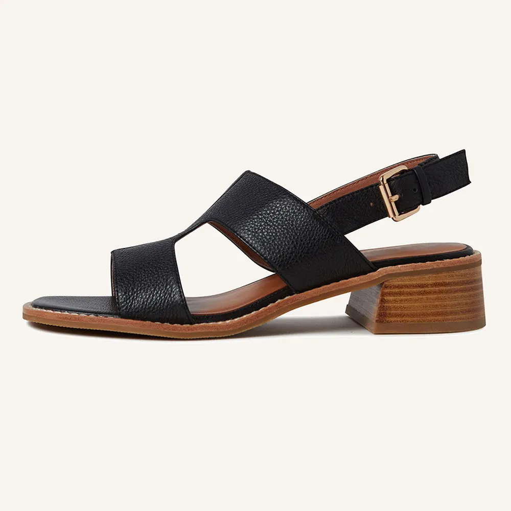 Black Vegan Leather Open Square Toe Slingback Low Heel Sandals