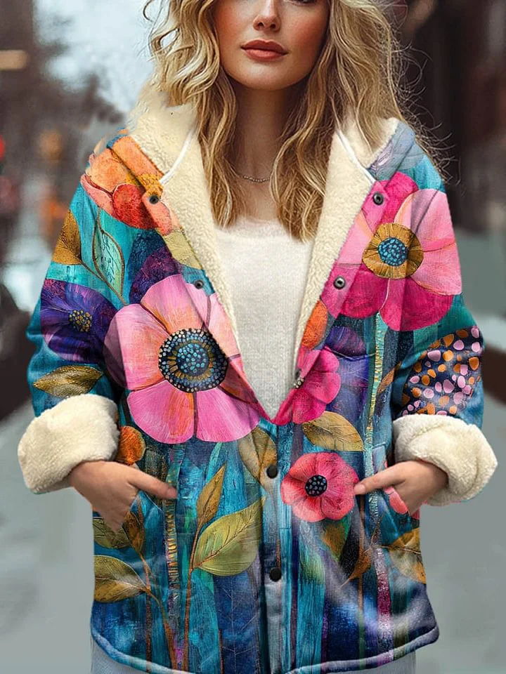 Women's Lovely Floral Art Print Waffle Plush Thick Long-Sleeved Hooded Coat