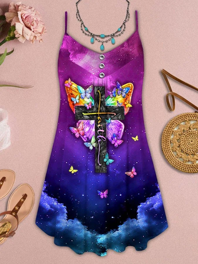 Butterfly Faith Print Spaghetti Strap Dress
