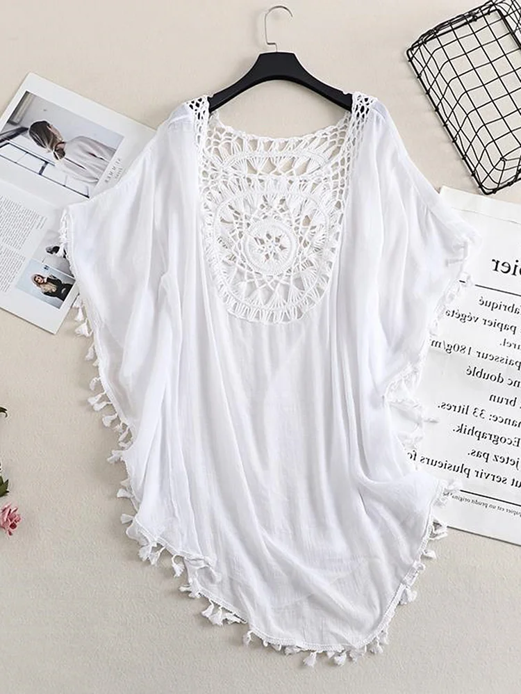 Casual Solid Hollow Out Fringed Hem Cover-Up Blouse