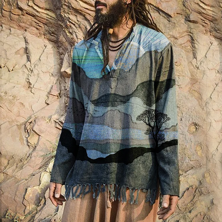 Pre-sale Men's tassel landscape printed shirt