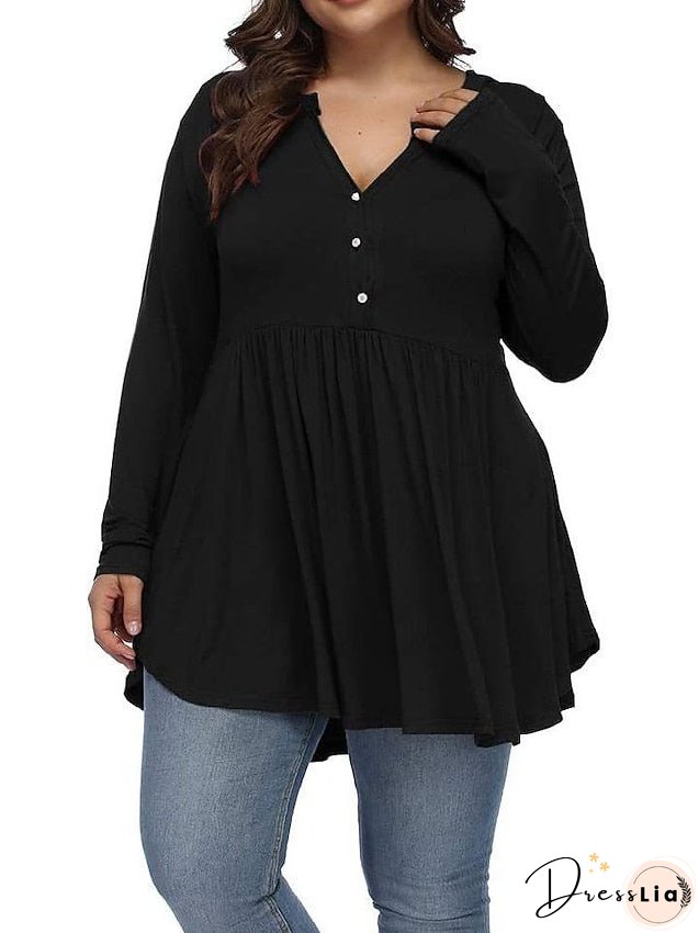 T shirt Tee Light Blue claret Deep Purple Plain Button Flowing tunic Long Sleeve Daily Weekend Basic V Neck Long Plus Size L for Women