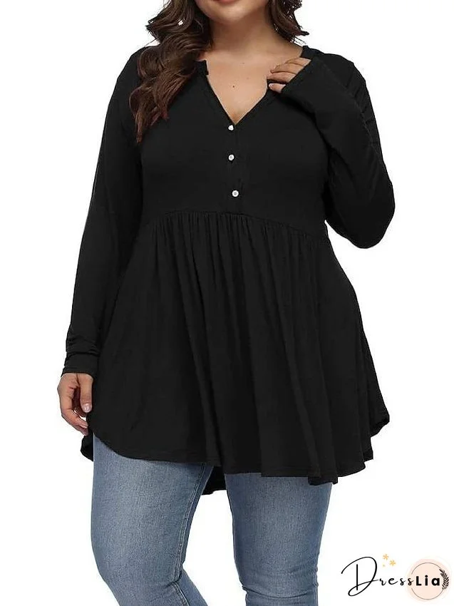 T shirt Tee Light Blue claret Deep Purple Plain Button Flowing tunic Long Sleeve Daily Weekend Basic V Neck Long Plus Size L for Women