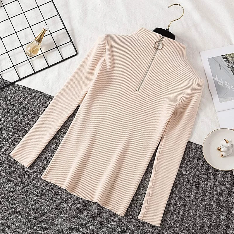 Pullover Women 2020 Fashion Zipper Turtleneck Knitted Sweater Casual Ribbed Knit Winter Tops Woman Sweaters Pullovers Knitwear